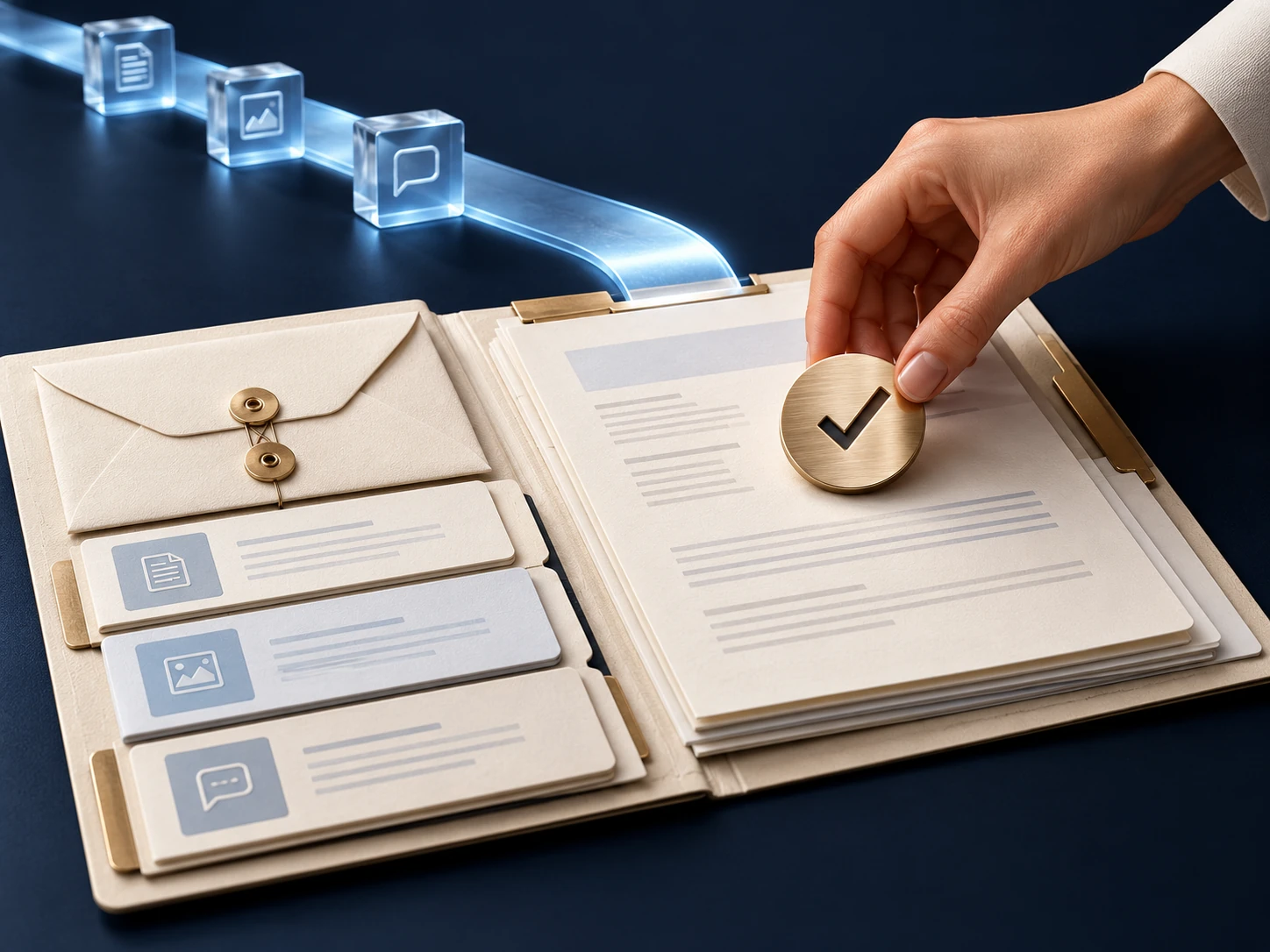 A hand places a review checkmark on a dossier containing the enquiry and its context.