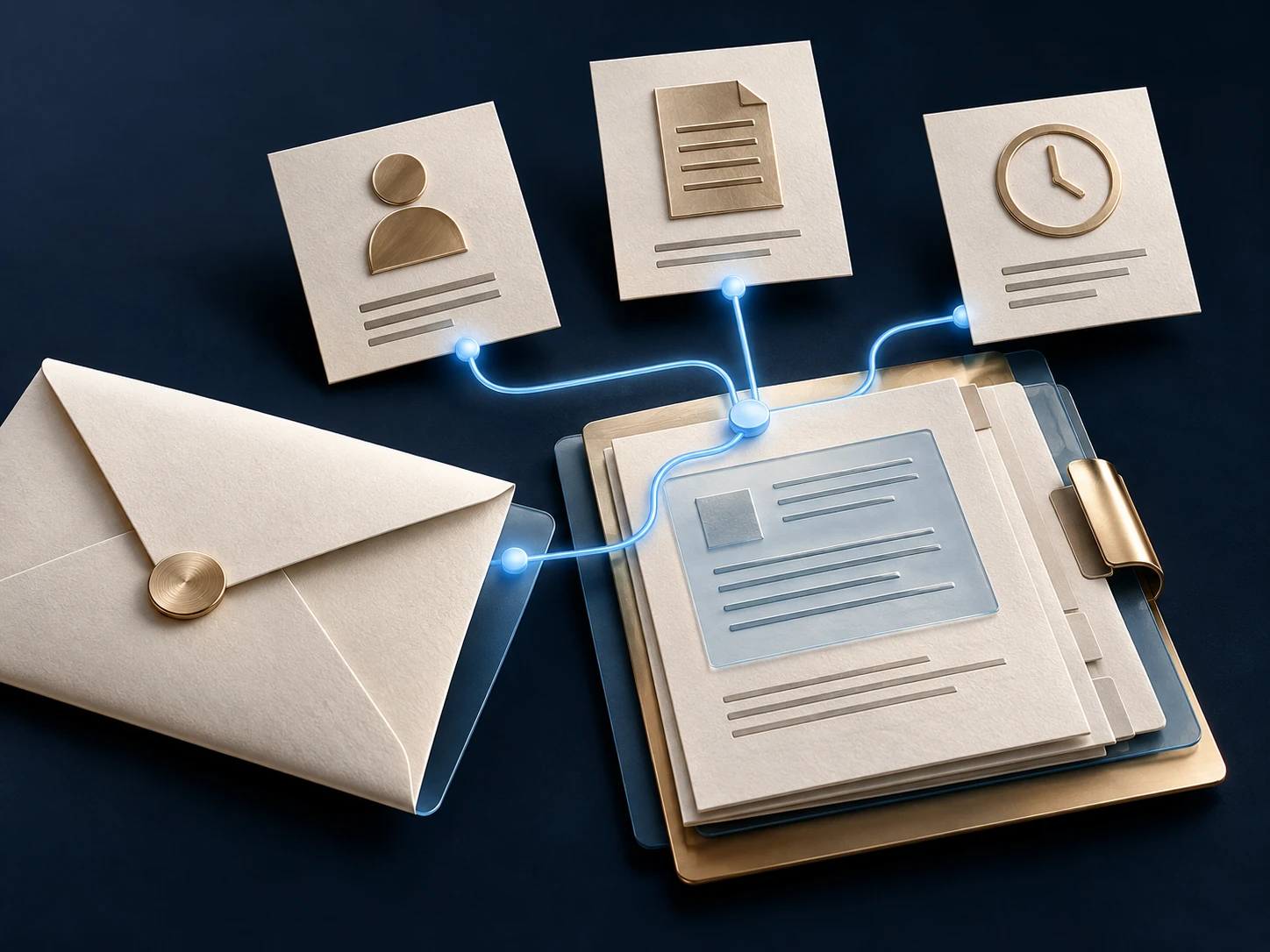 An enquiry envelope connects to people, information and timing cards in a shared dossier.